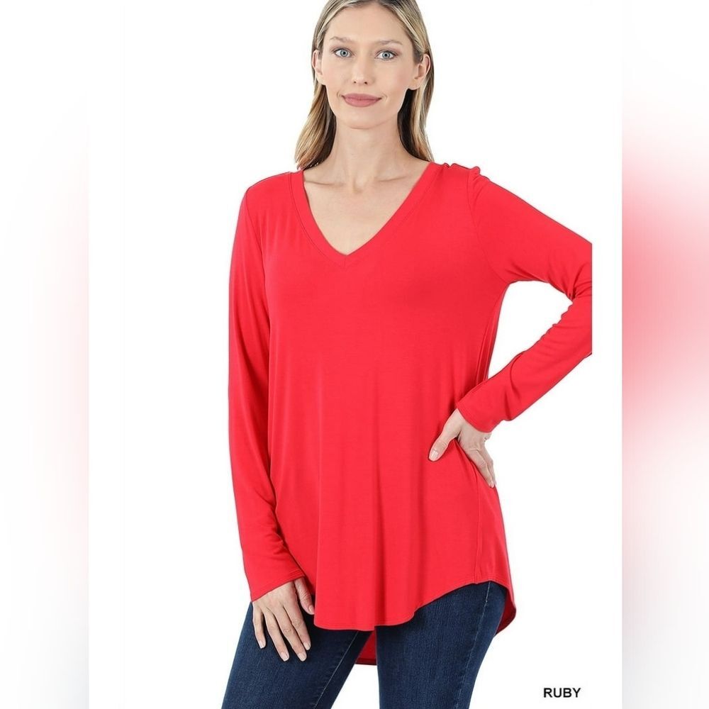 Zenana Soft Rayon Long Sleeve Dolphin Hem V-Neck Tee Shirt Top